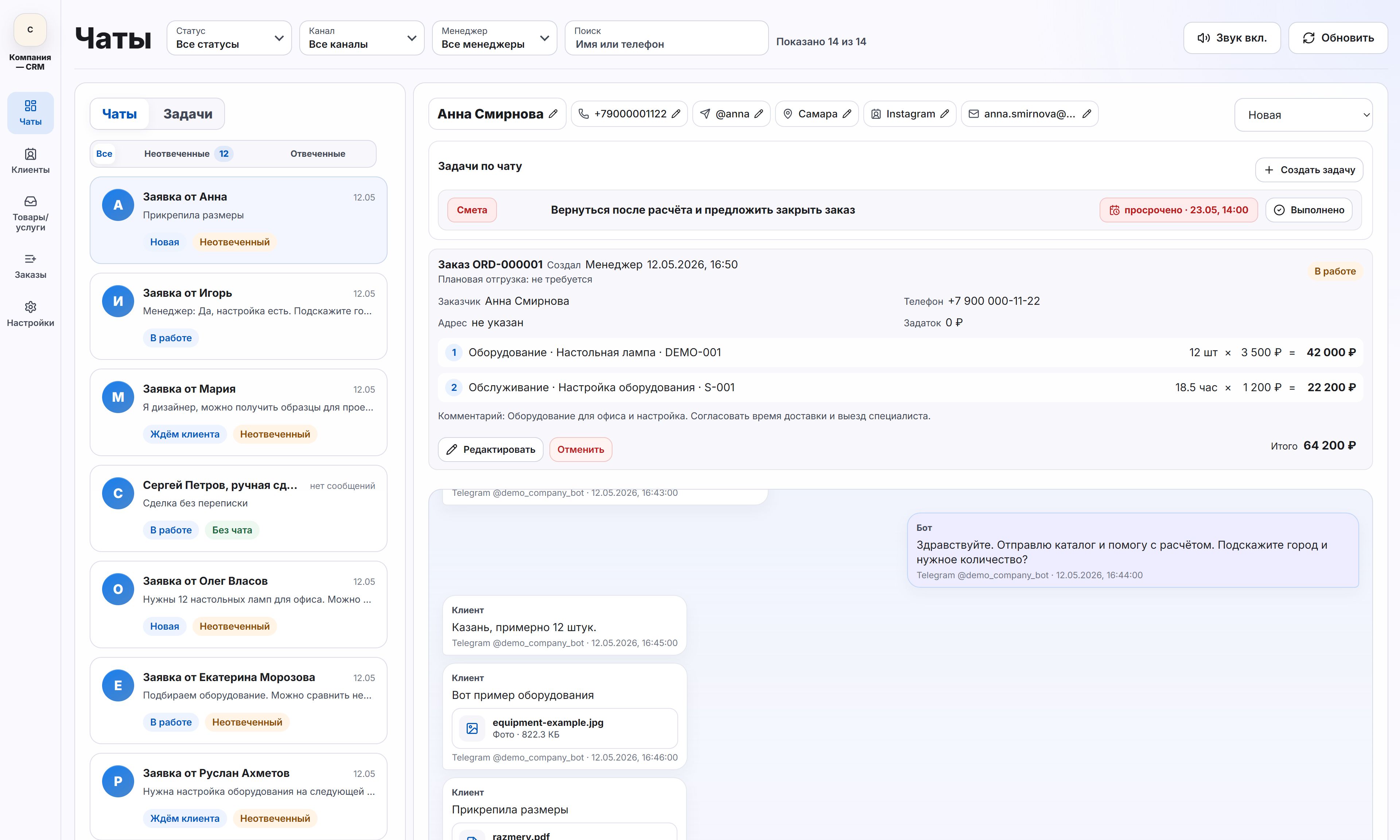 Демонстрационная CRM: Чаты, тестовые данные